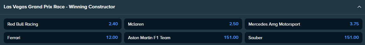 stake.com winning constructor odds for the las vegas f1 2025